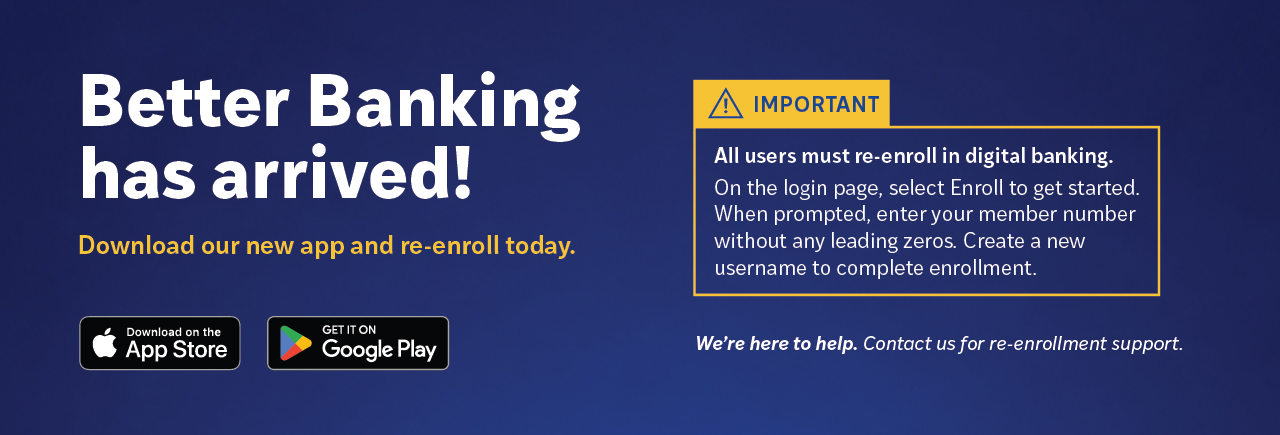 Banner announcing new banking options with links to CAHPCU banking apps.