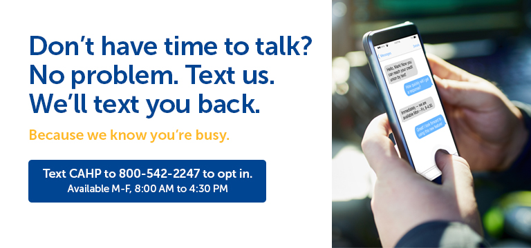 Banner image that links to contact page. Image is a person texting on a mobile phone.